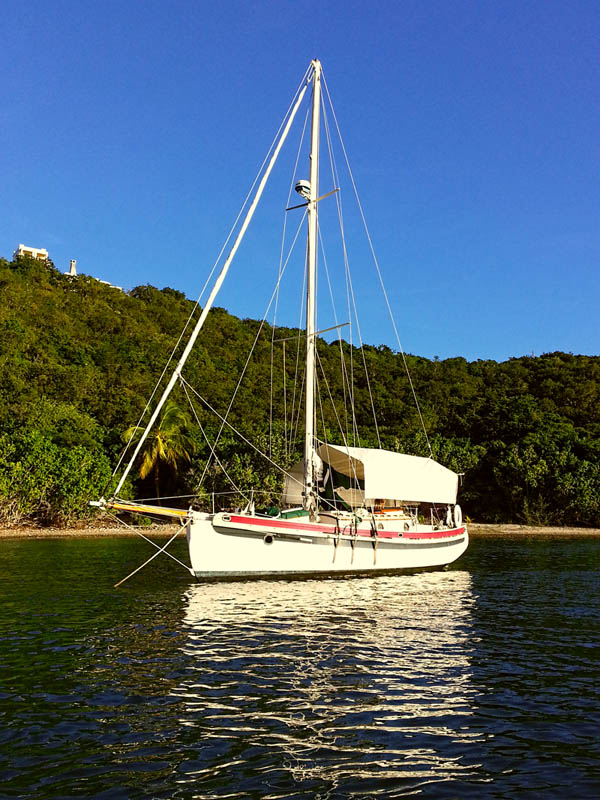 Shanti anchored off her own little beach on St. Thomas in the Virgin Islands.